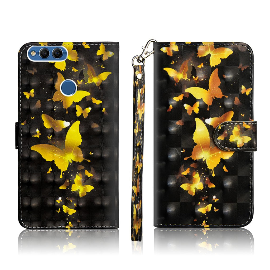 Huawei P Smart pattern printing leather flip case - Gold Butterfly