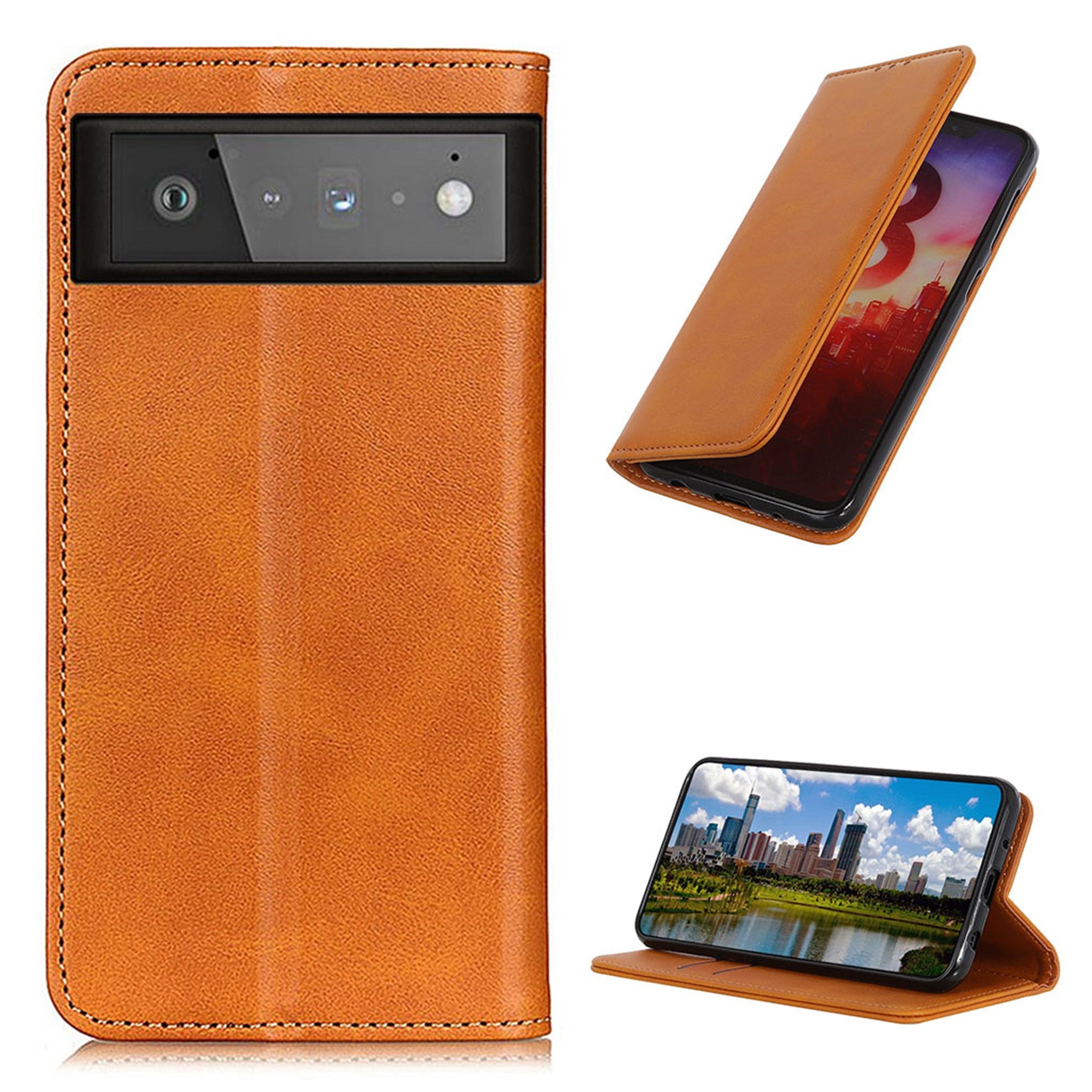 Wallet-style genuine leather flipcase for Google Pixel 6 - Brown