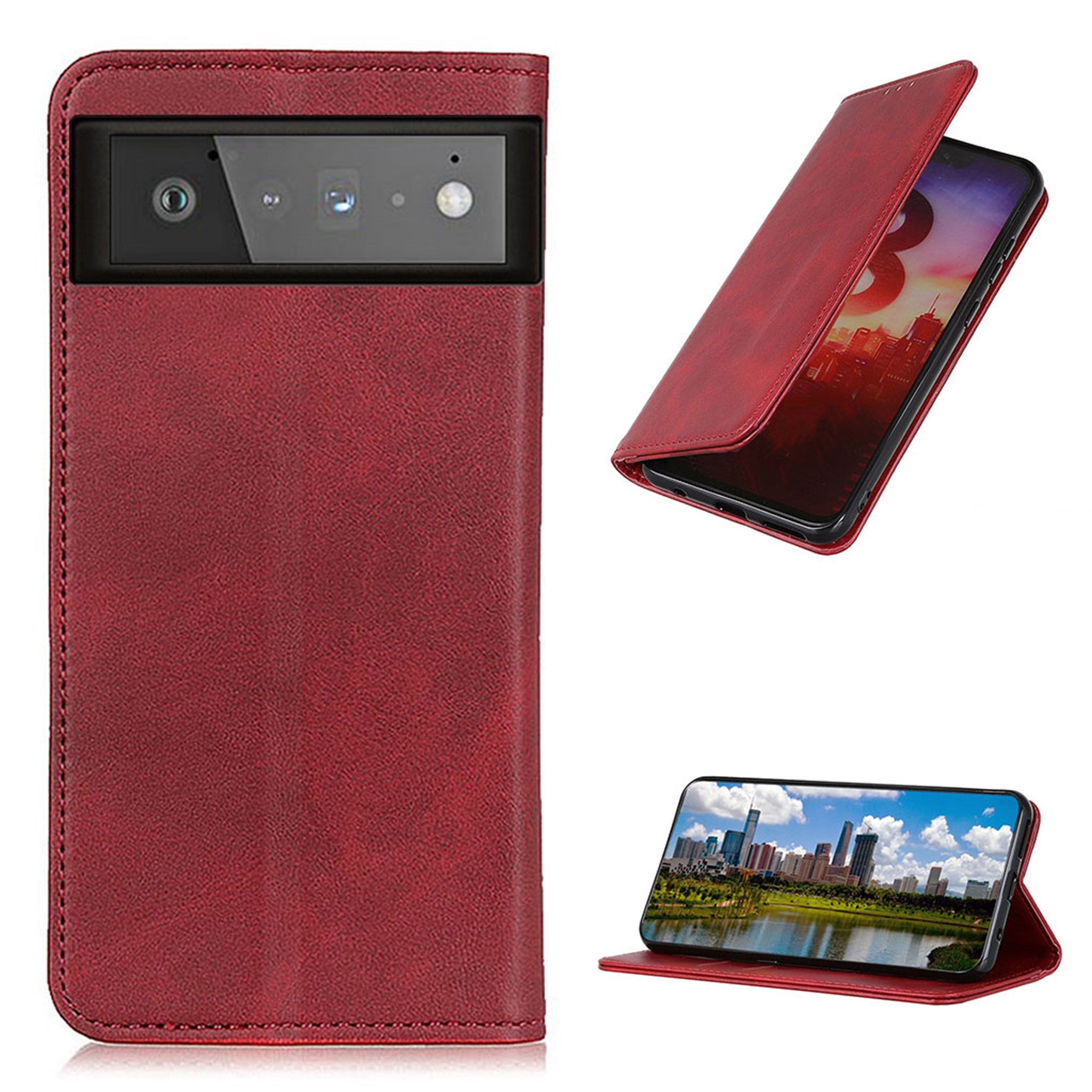 Wallet-style genuine leather flipcase for Google Pixel 6 - Red