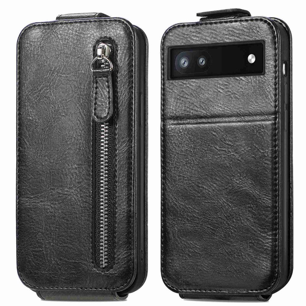 Vertical flip phone case with zipper for Google Pixel 6a - Black