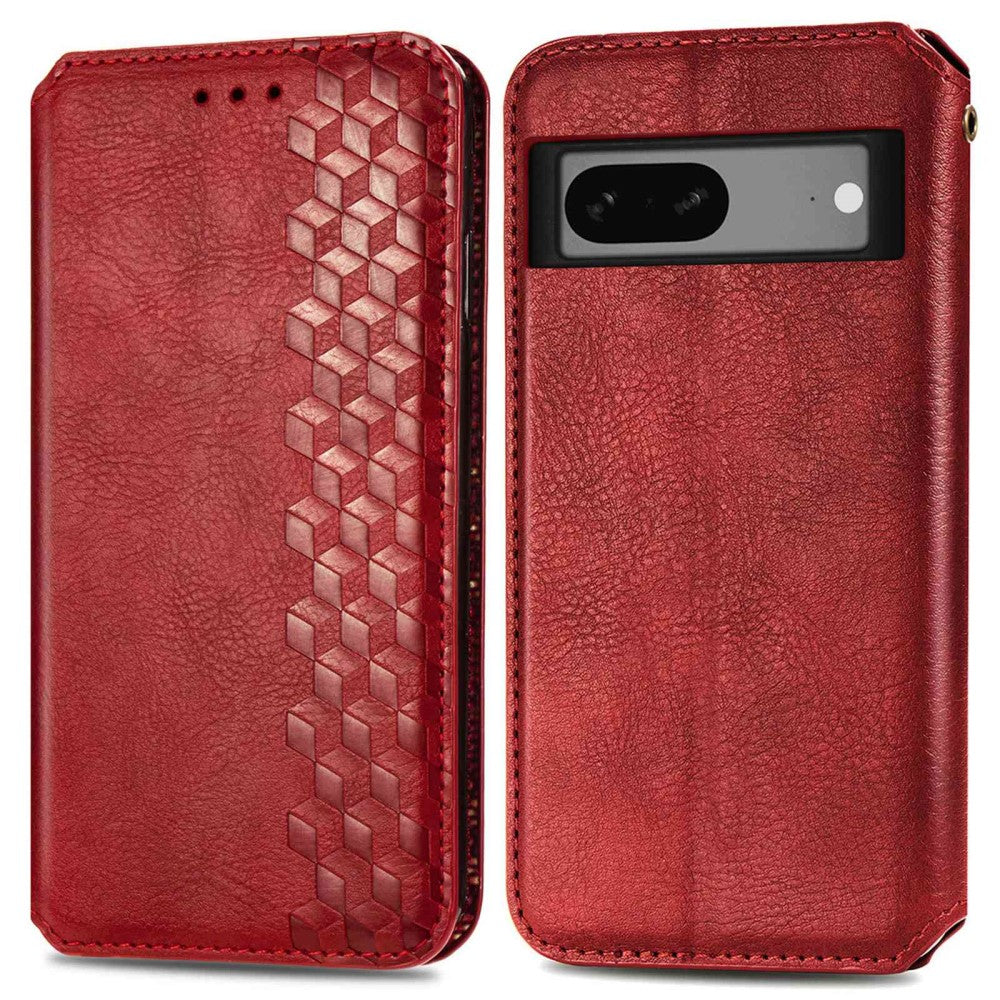 Leather case with a stylish rhombus imprint for Google Pixel 7 - Red