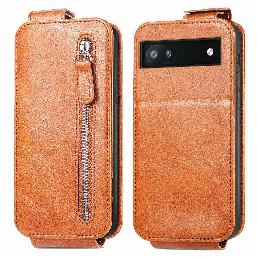 Vertical flip phone case with zipper for Google Pixel 7 - Brown