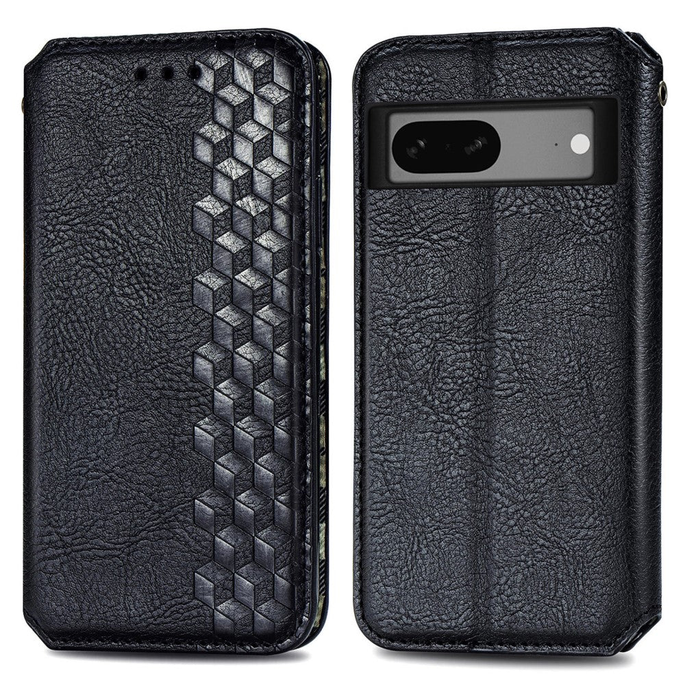Leather case with a stylish rhombus imprint for Google Pixel 7a - Black