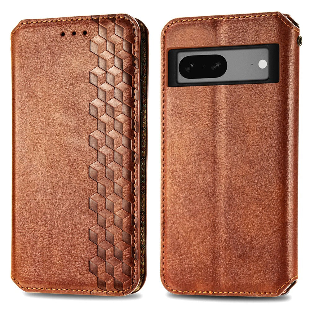 Leather case with a stylish rhombus imprint for Google Pixel 7a - Brown