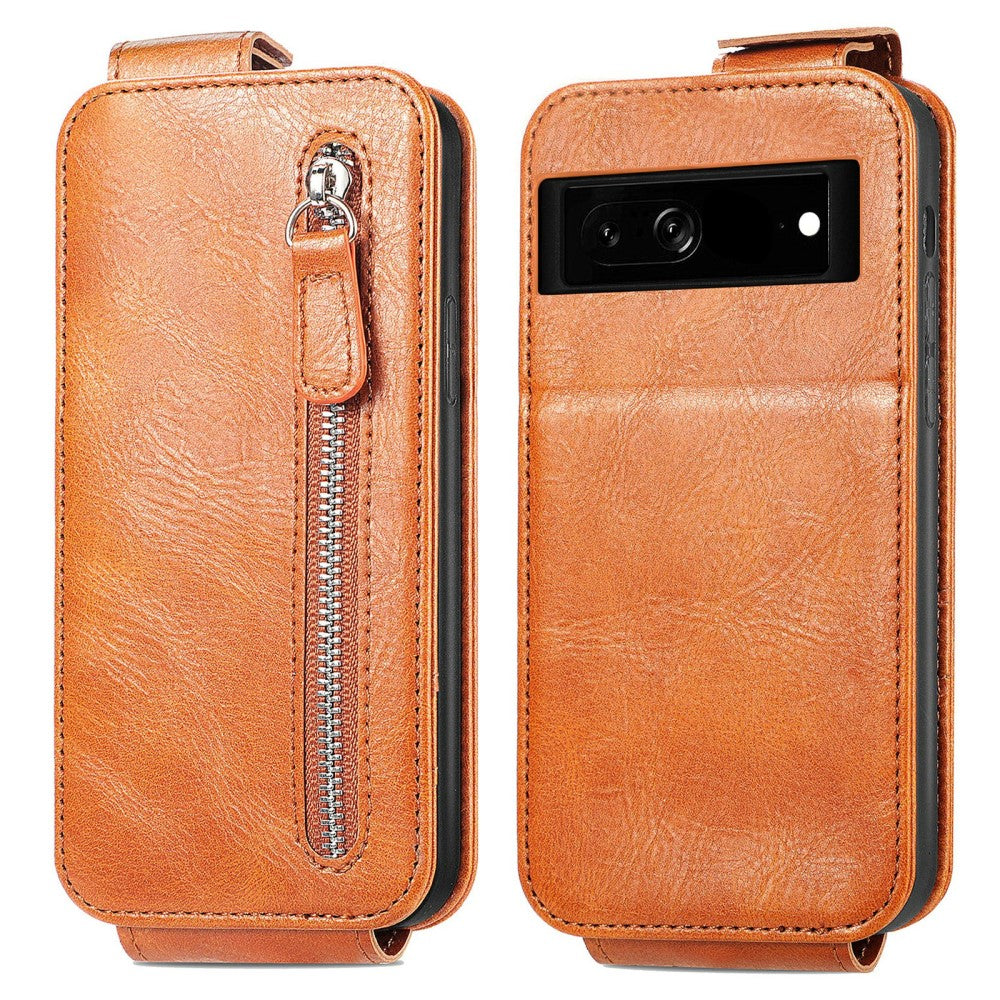 Vertical flip phone case with zipper for Google Pixel 7a - Brown