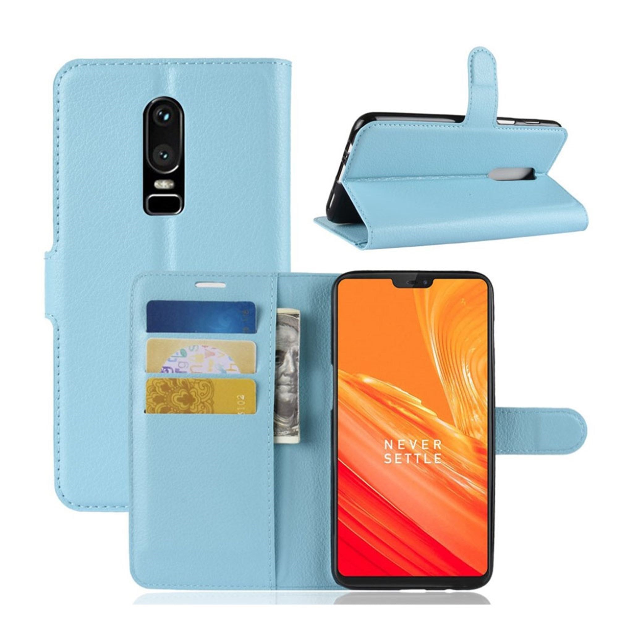 OnePlus 6 litchi skin leather flip case - Baby Blue