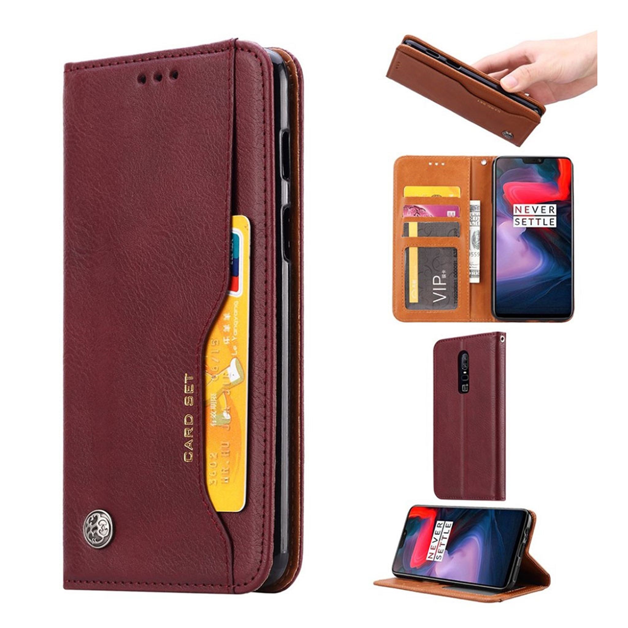 OnePlus 6 auto-absorbed leather flip case - Wine Red