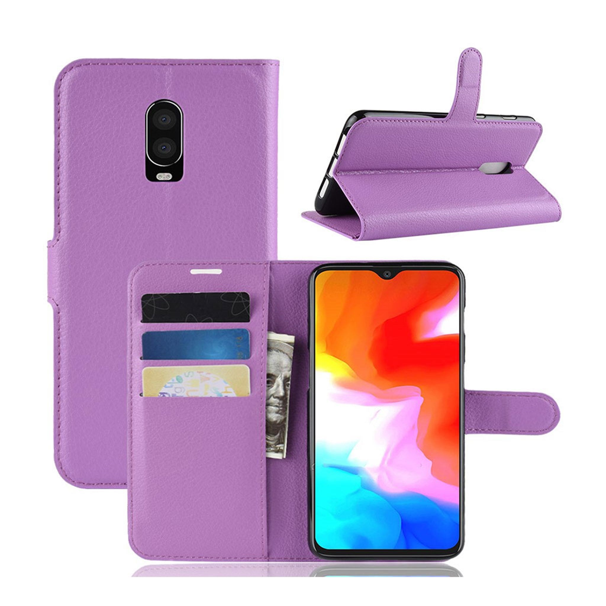 OnePlus 6T litchi skin leather flip case - Purple