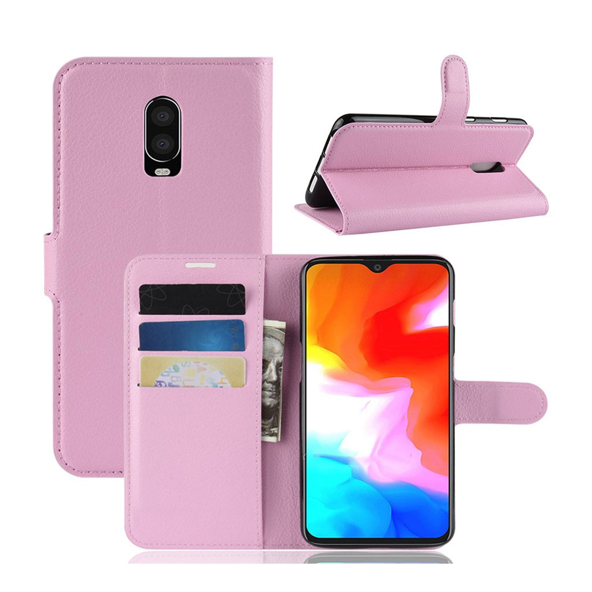 OnePlus 6T litchi skin leather flip case - Pink