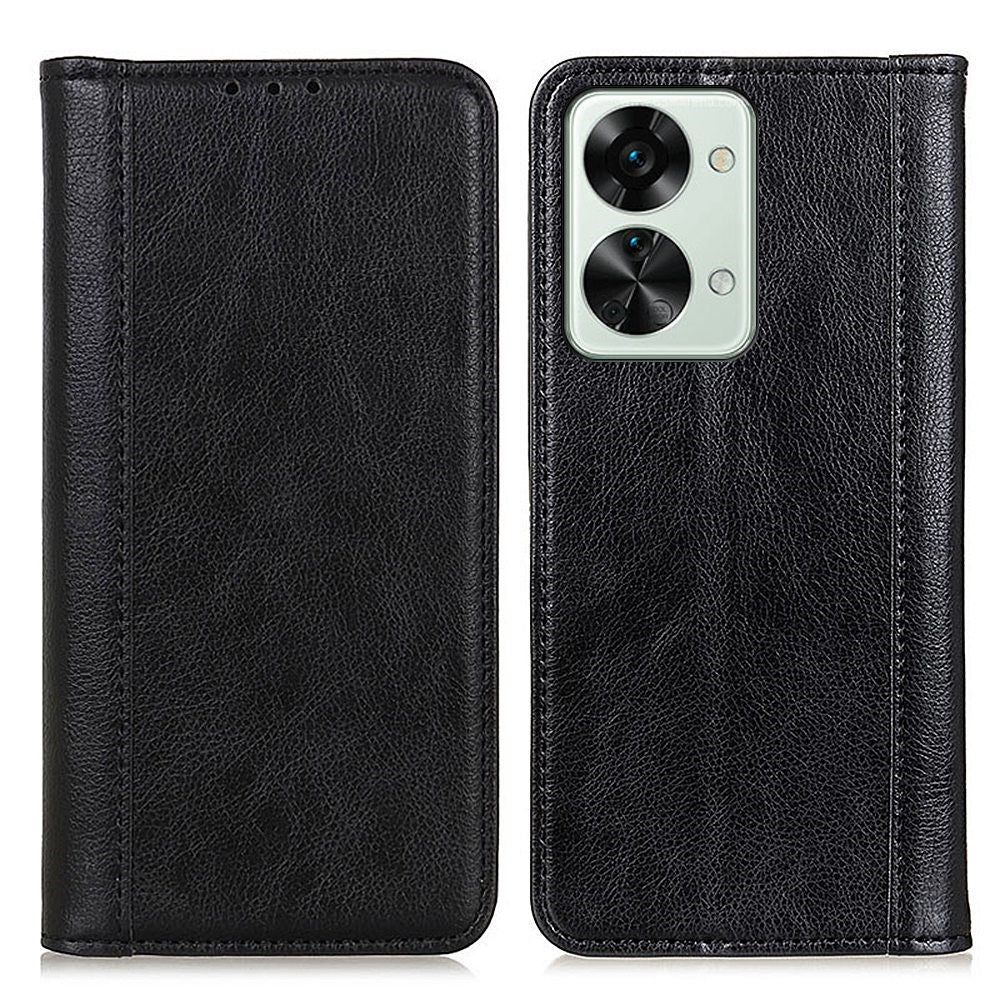 Genuine leather case with magnetic closure for OnePlus Nord 2T - Black