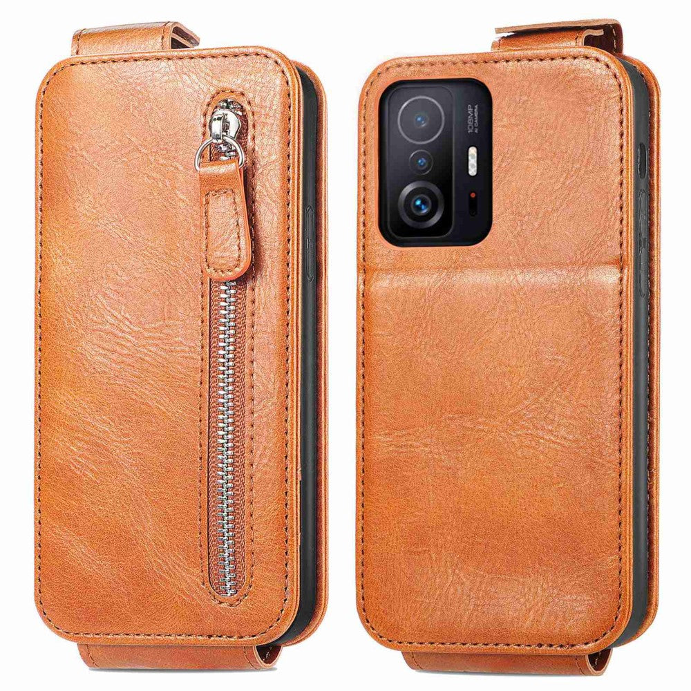 Vertical flip phone case with zipper for Xiaomi 11T / 11T Pro - Brown