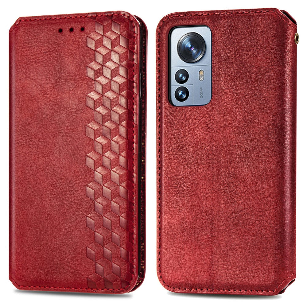 Leather case with a stylish rhombus imprint for Xiaomi 12 Pro - Red