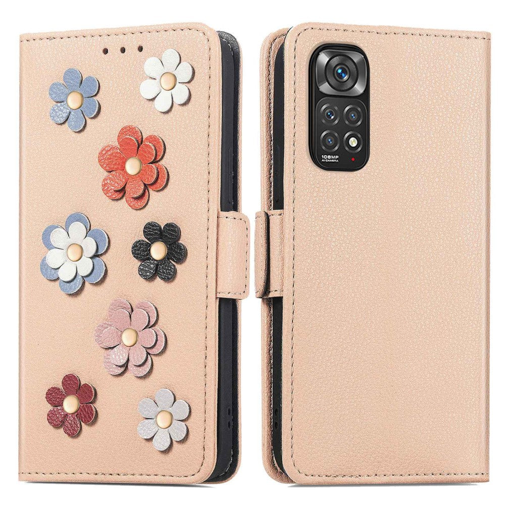 Soft flower decor leather case for Xiaomi Redmi Note 11 Pro 5G / 11 Pro - Khaki