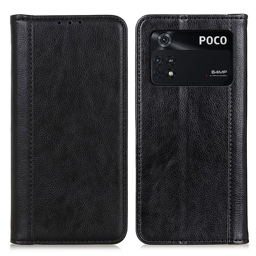 Genuine leather case with magnetic closure for Xiaomi Poco M4 Pro - Black