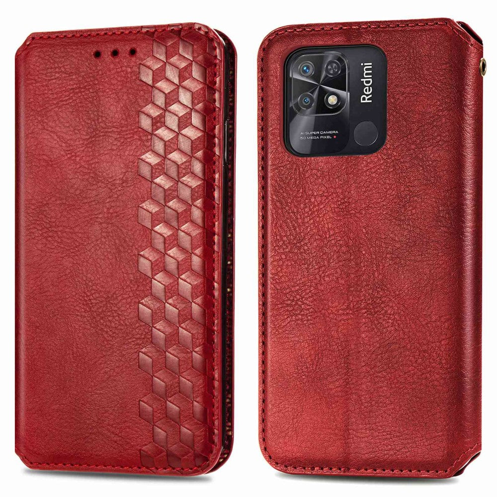 Leather case with a stylish rhombus imprint for Xiaomi Redmi 10C - Red