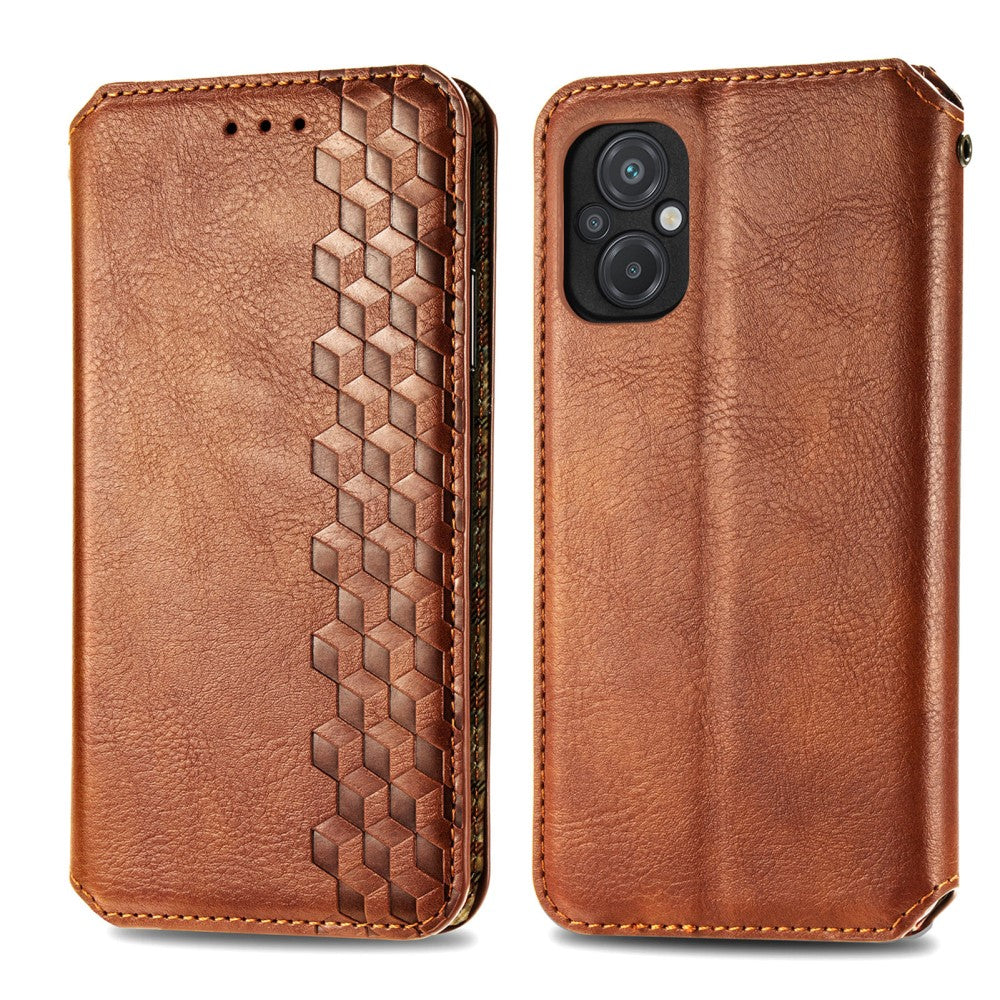 Leather case with a stylish rhombus imprint for Xiaomi Poco M5 - Brown