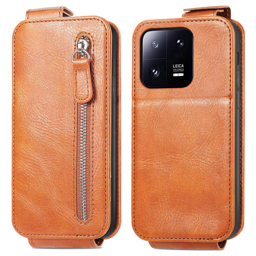 Vertical flip phone case with zipper for Xiaomi 13 Pro - Brown