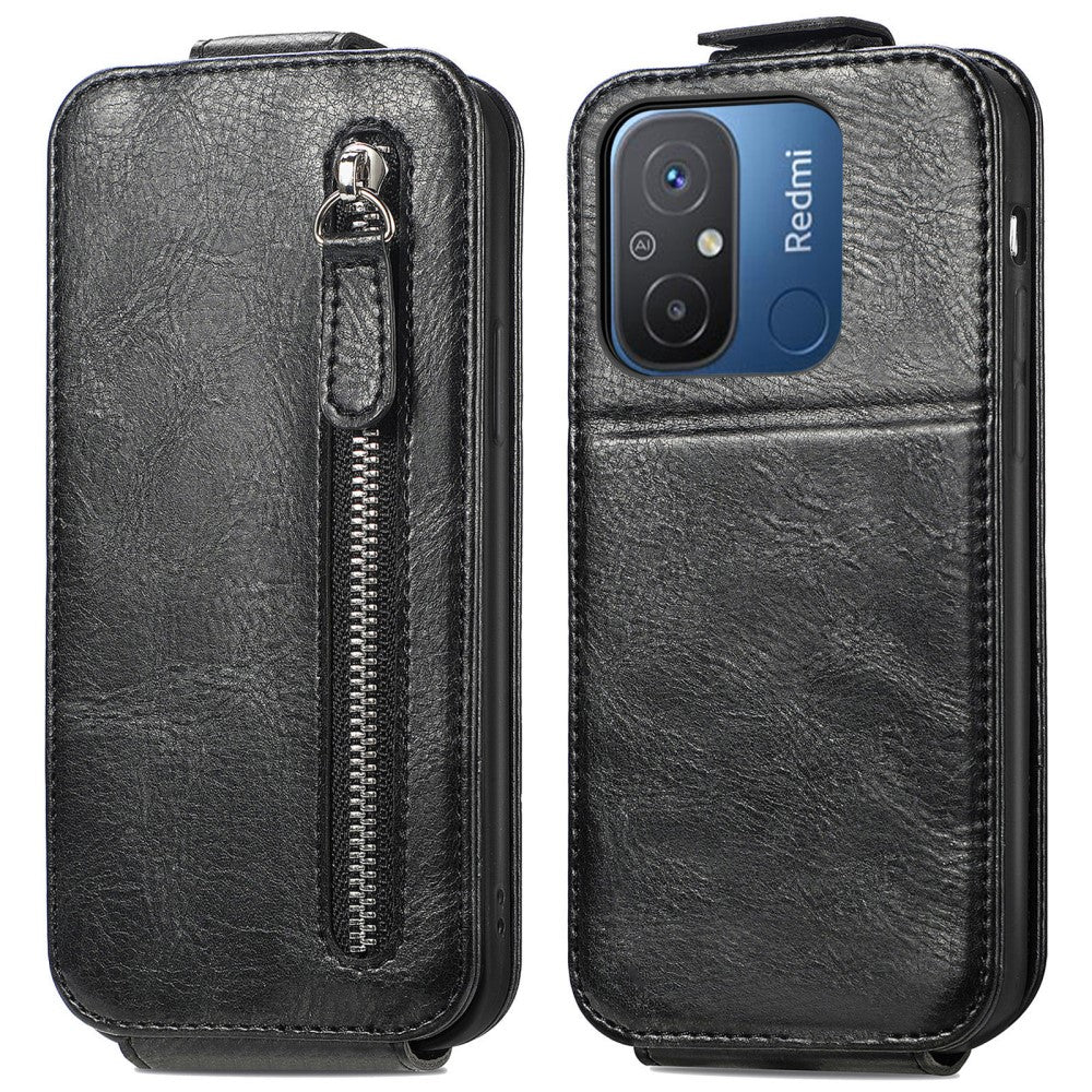Vertical flip phone case with zipper for Xiaomi Redmi 12C / 11A - Black