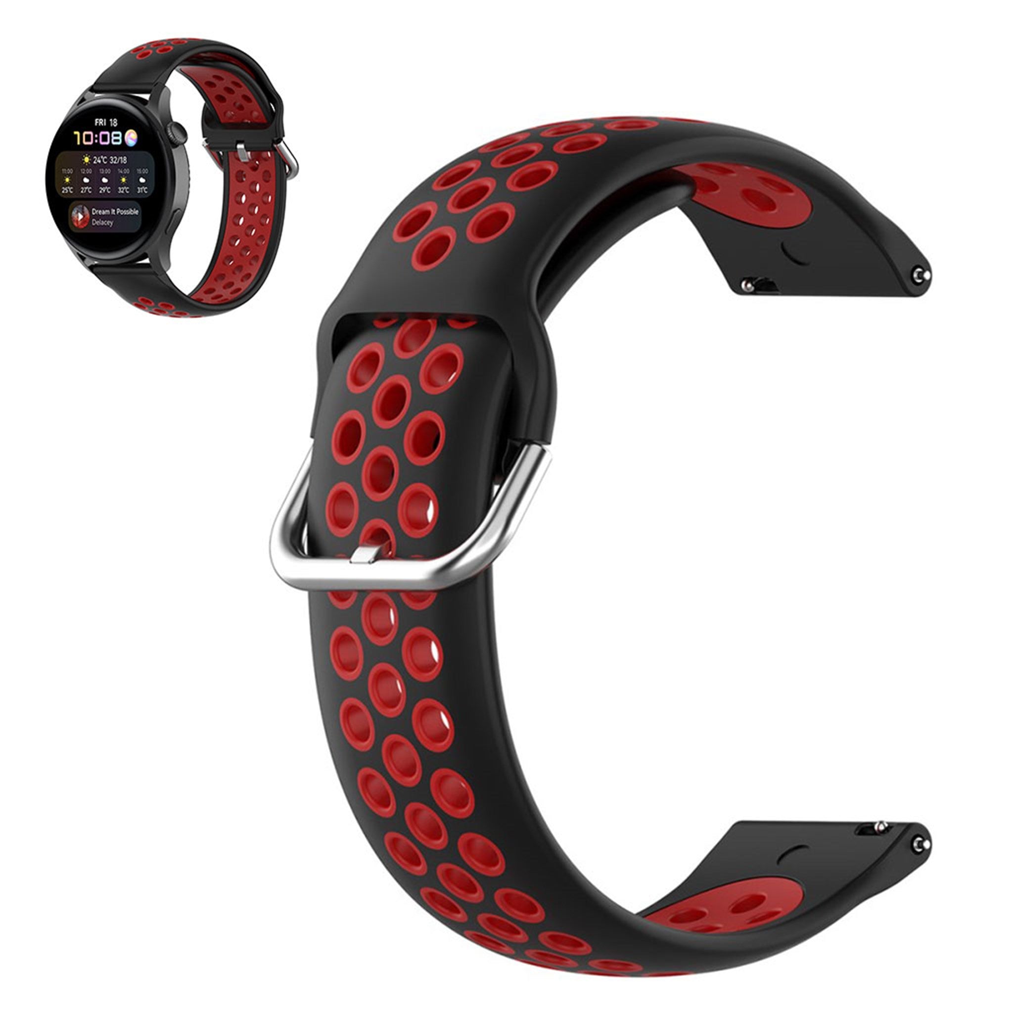 22mm Universal dual color silicone metal buckle watch strap - Black / Red