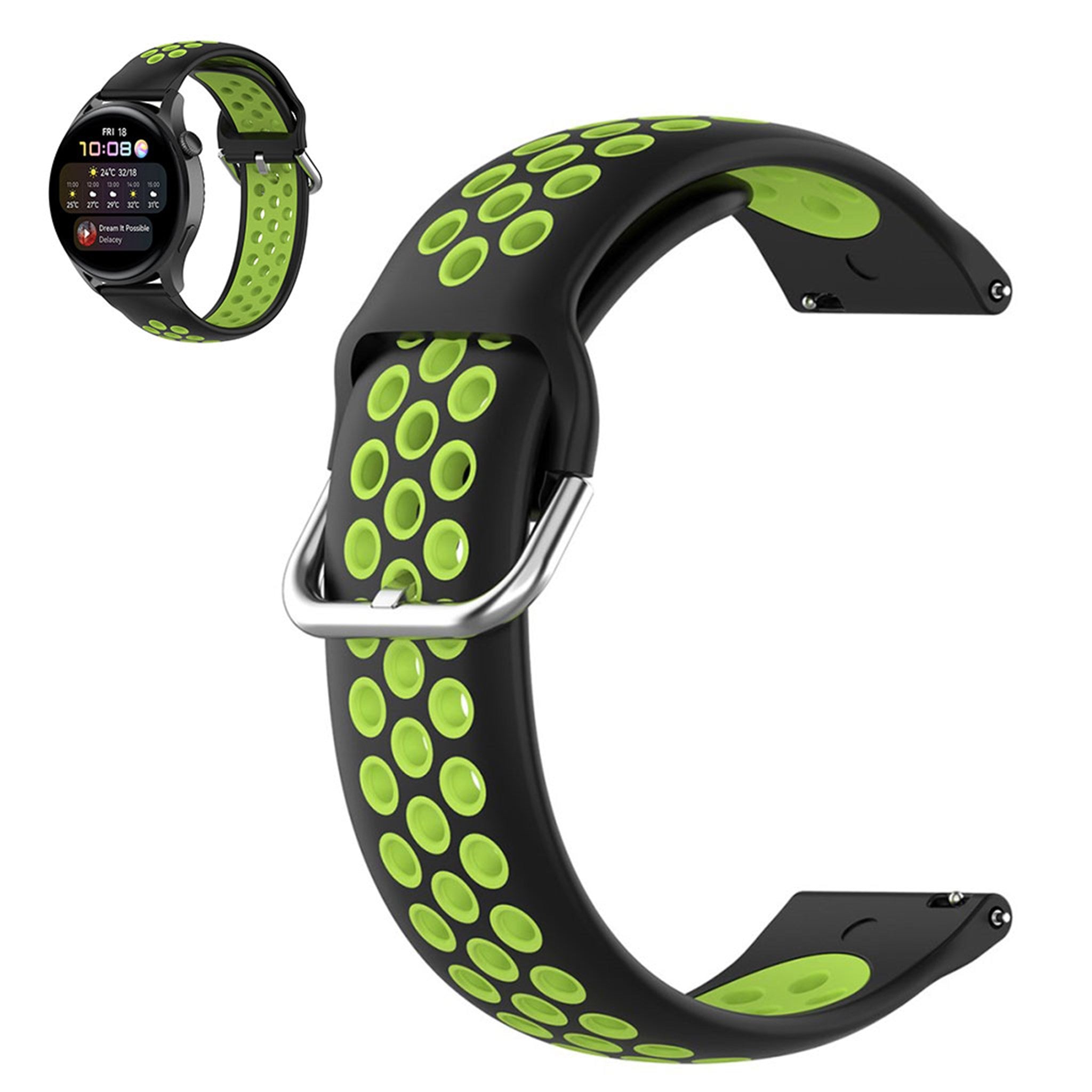 22mm Universal dual color silicone metal buckle watch strap - Black / Lime