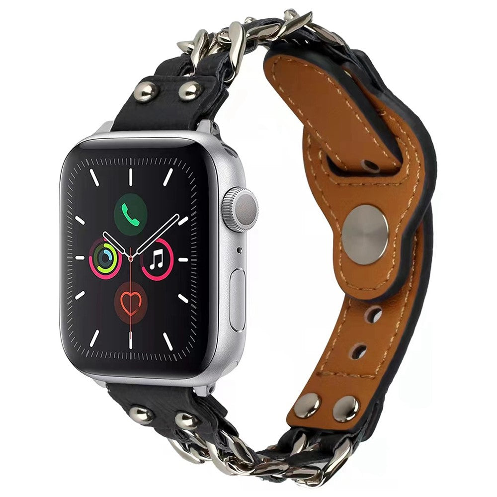 Apple Watch (41mm) Cowhide leather adorned in metal chain watch strap - Black