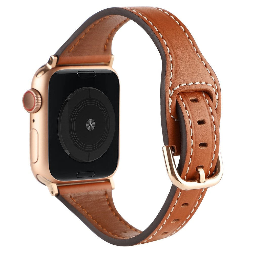 Apple Watch Series 8 (41mm) T-shape genuine leather watch strap - Brown / Rose Gold Buckle