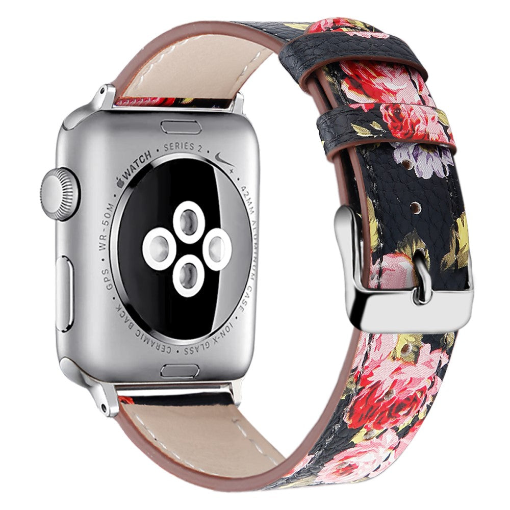 Apple Watch (45mm) top layer cowhide genuine leather watch strap - Black / Pink Flower