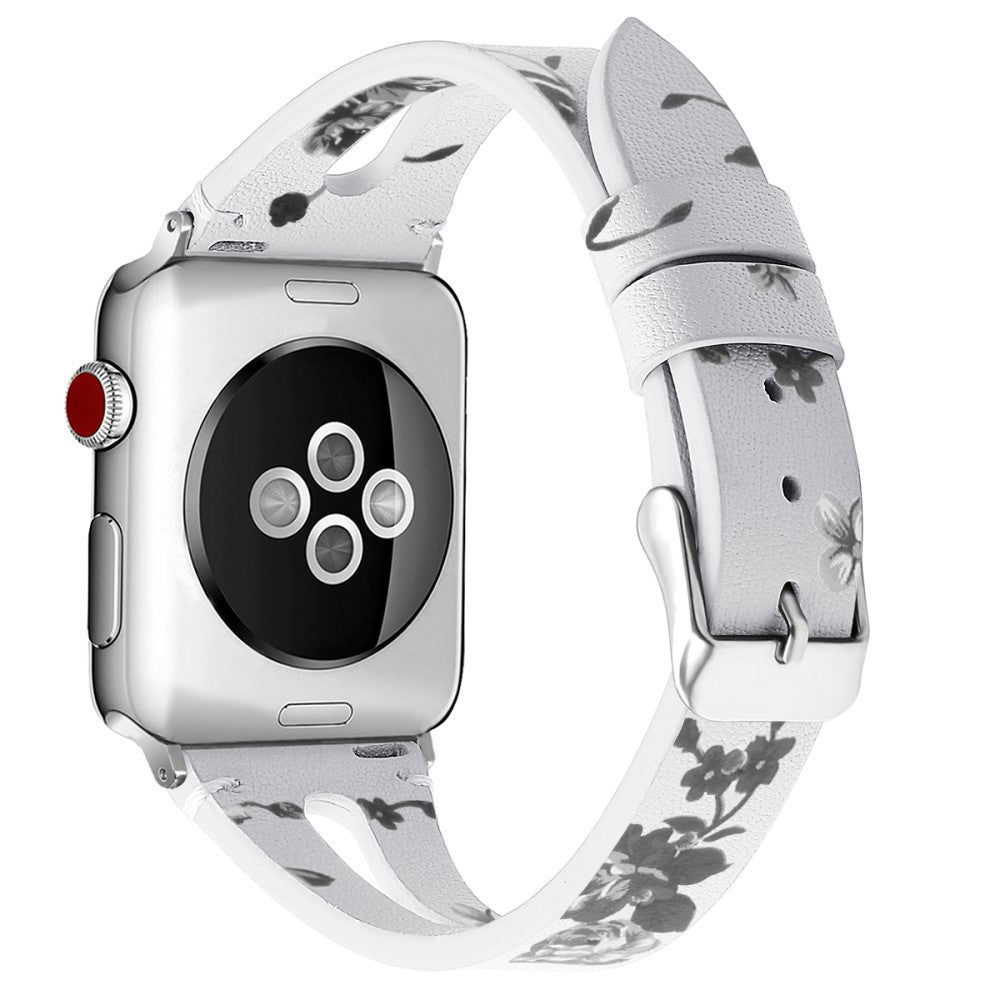 Apple Watch (45mm) top layer cowhide genuine leather watch strap - Black / Grey Flower