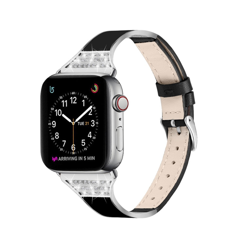 Apple Watch (45mm) rhinestone décor genuine leather watch strap - Black