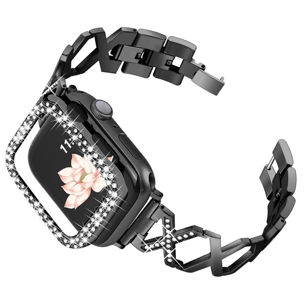 Apple Watch (45mm) rhinestone cover + X design watch strap - Black