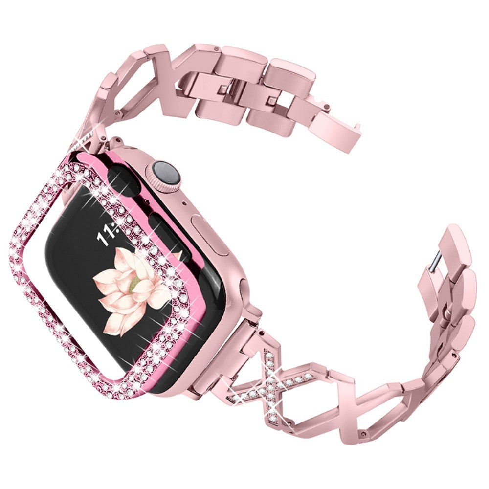 Apple Watch (45mm) rhinestone cover + X design watch strap - Rose Pink