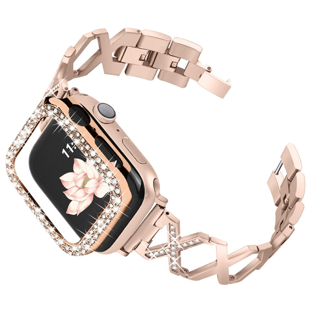 Apple Watch (45mm) rhinestone cover + X design watch strap - Rose Gold