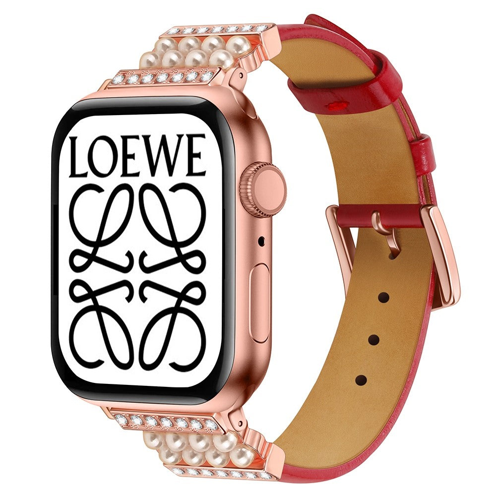 Apple Watch (45mm) rhinestone décor genuine leather watch strap - Red