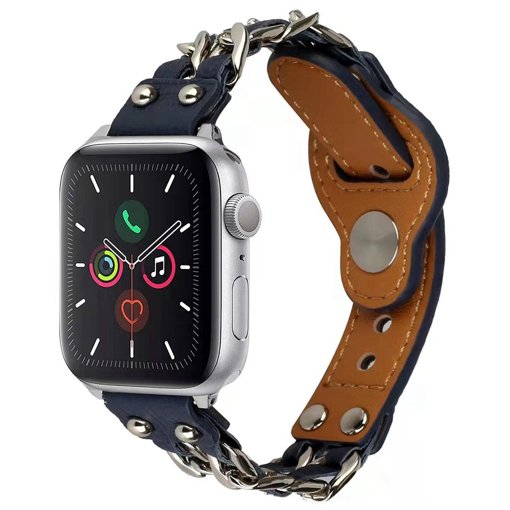 Apple Watch (45mm) Cowhide leather adorned in metal chain watch strap - Blue