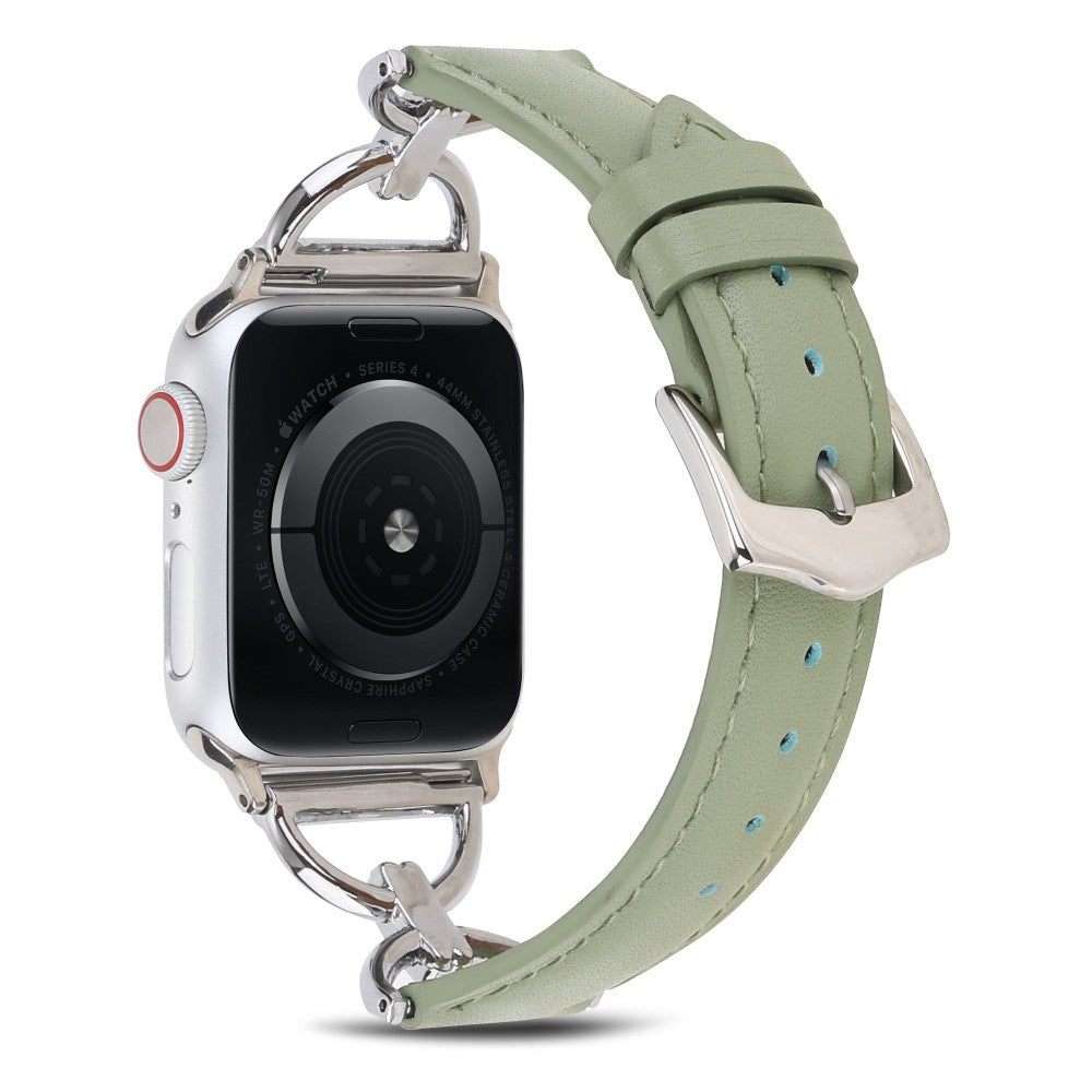 Apple Watch (45mm) genuine leather D-ring style watch strap - Green / Silver