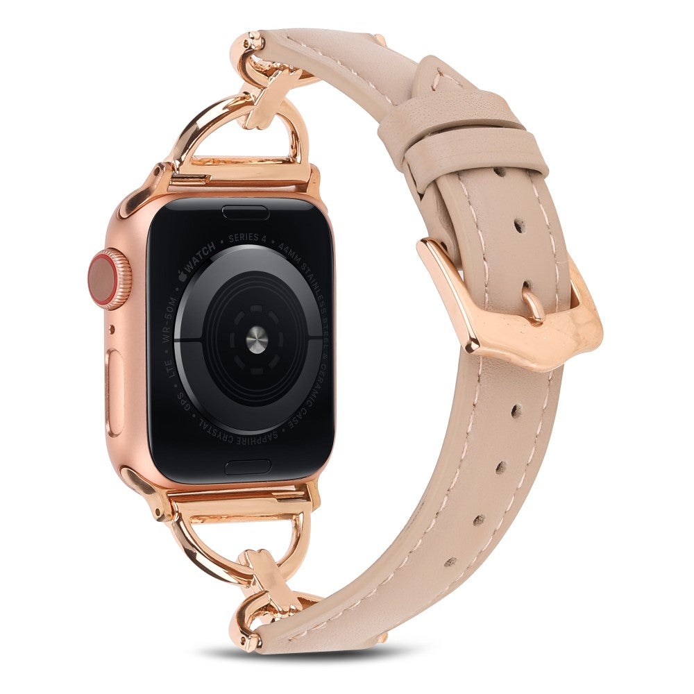 Apple Watch (45mm) genuine leather D-ring style watch strap - Khaki / Rose Gold