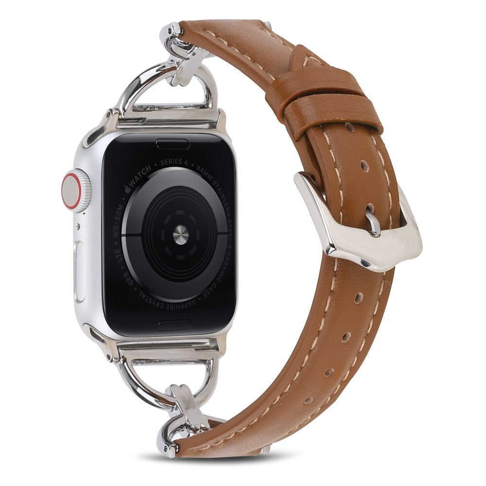 Apple Watch (45mm) genuine leather D-ring style watch strap - Dark Brown / Silver