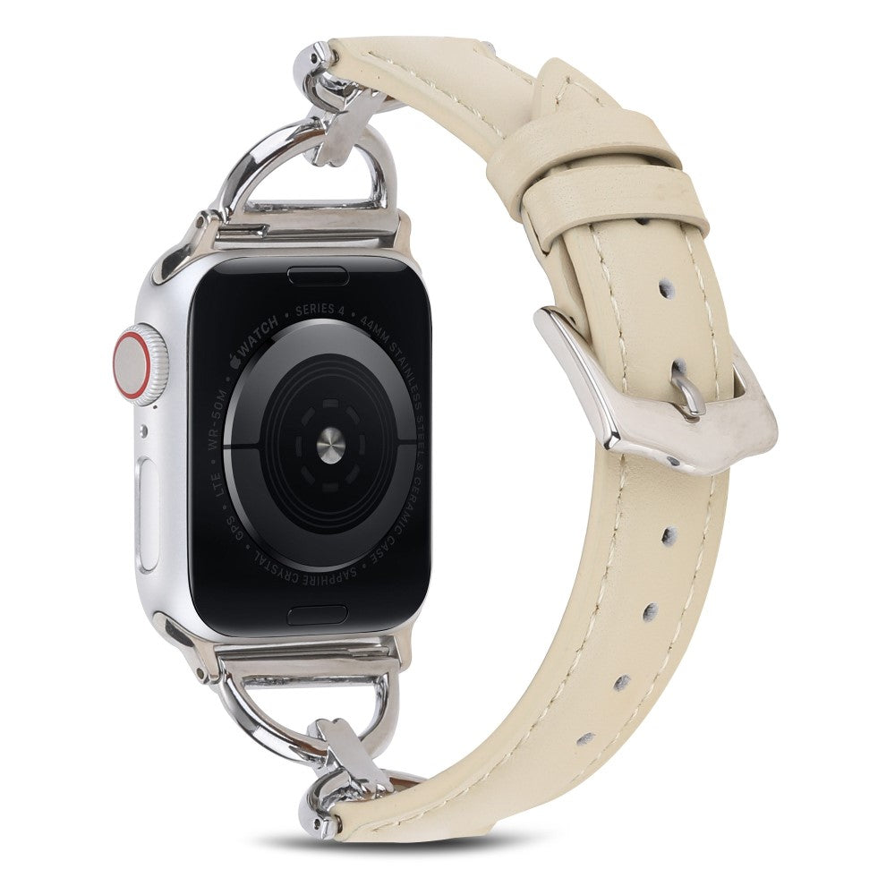 Apple Watch (45mm) genuine leather D-ring style watch strap - Beige / Silver