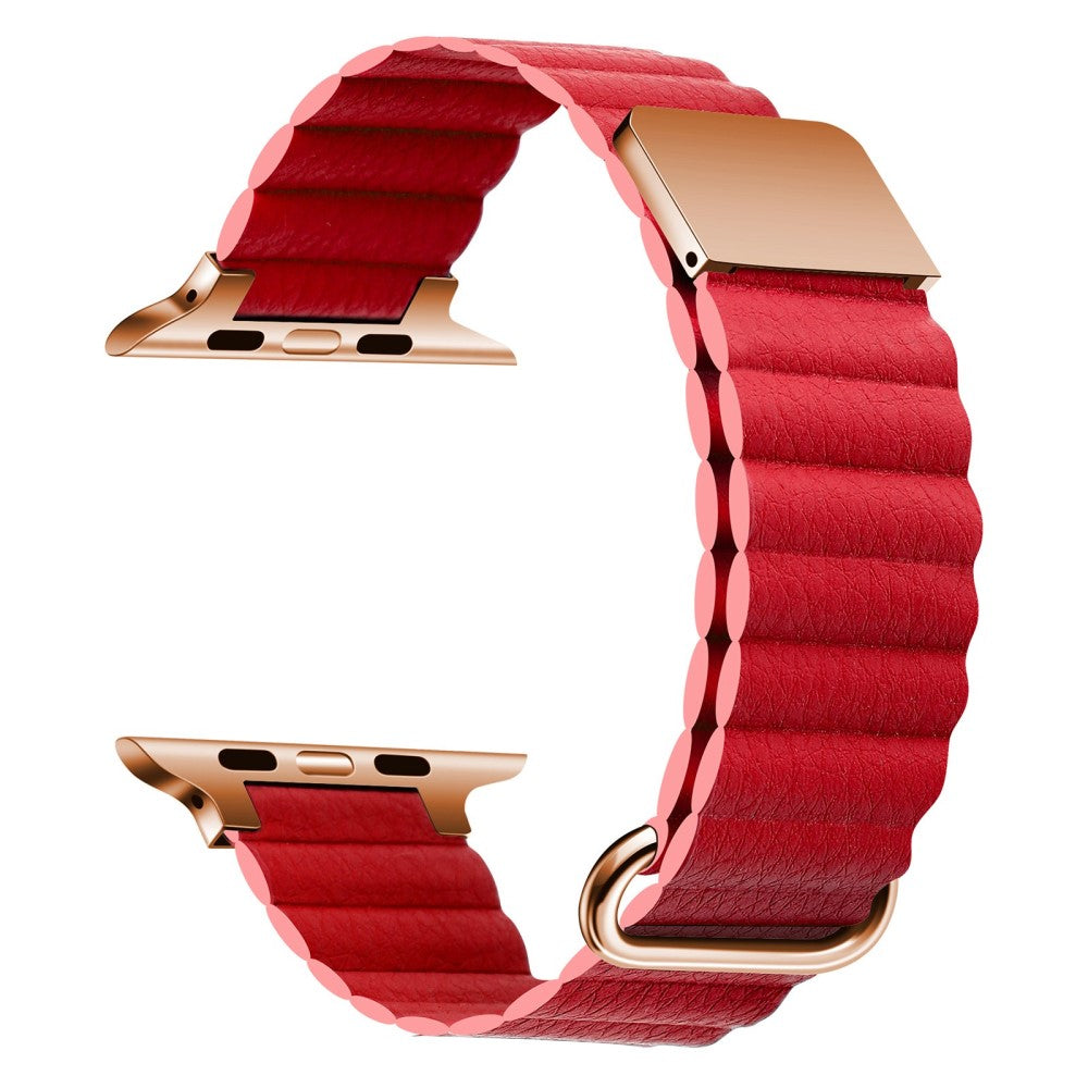 Apple Watch Series 8 (45mm) / Watch Ultra litchi style genuine leather watch strap - Rose Gold Buckle / Red