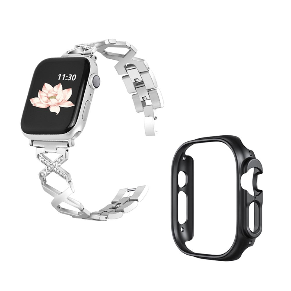 Apple Watch Ultra rhinestone décor stainless steel watch strap with black cover - Silver