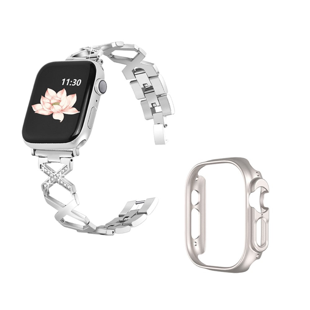 Apple Watch Ultra rhinestone décor stainless steel watch strap with starlight cover - Silver