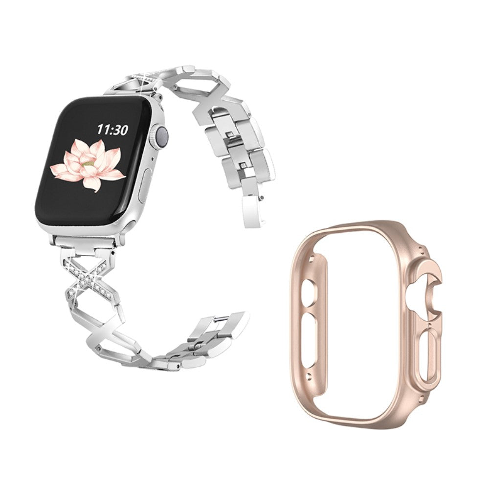 Apple Watch Ultra rhinestone décor stainless steel watch strap with rose gold cover - Silver