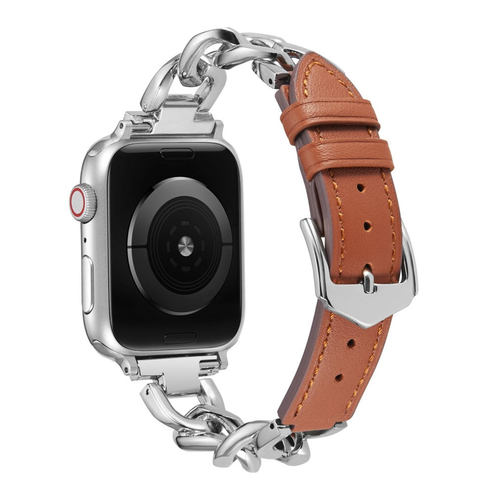 Apple Watch Series 8 (41mm) metal chain with leather strap - Silver / Brown