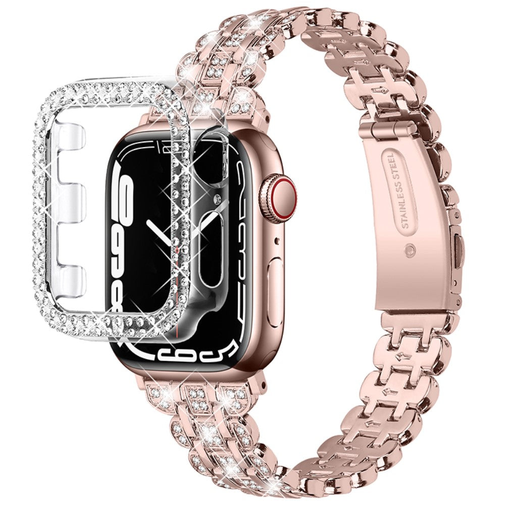 Apple Watch (45mm) rhinestone décor stainless steel watch strap with cover - Pink / Gold