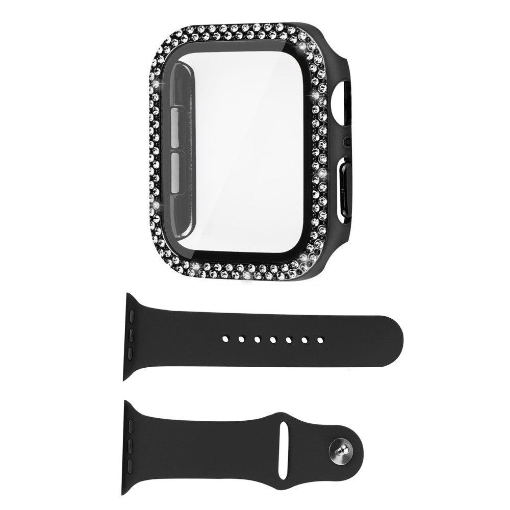 Apple Watch Series 8 (45mm) rhinestone décor cover with tempered glass and watch strap - Black