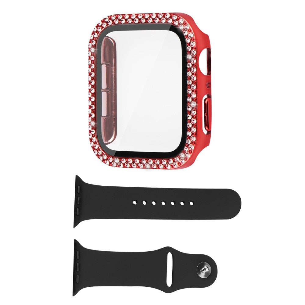 Apple Watch Series 8 (45mm) rhinestone décor cover with tempered glass and watch strap - Red