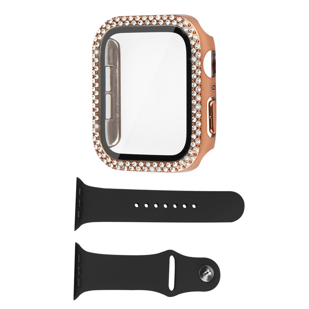 Apple Watch Series 8 (45mm) rhinestone décor cover with tempered glass and watch strap - Rose Gold