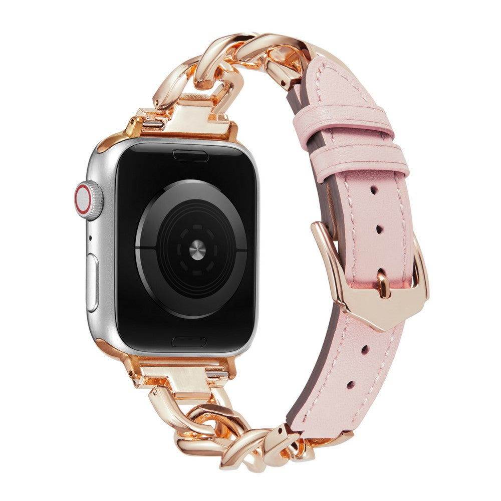 Apple Watch Series 8 (45mm) / Watch Ultra metal chain with leather strap - Rose Gold / Pink