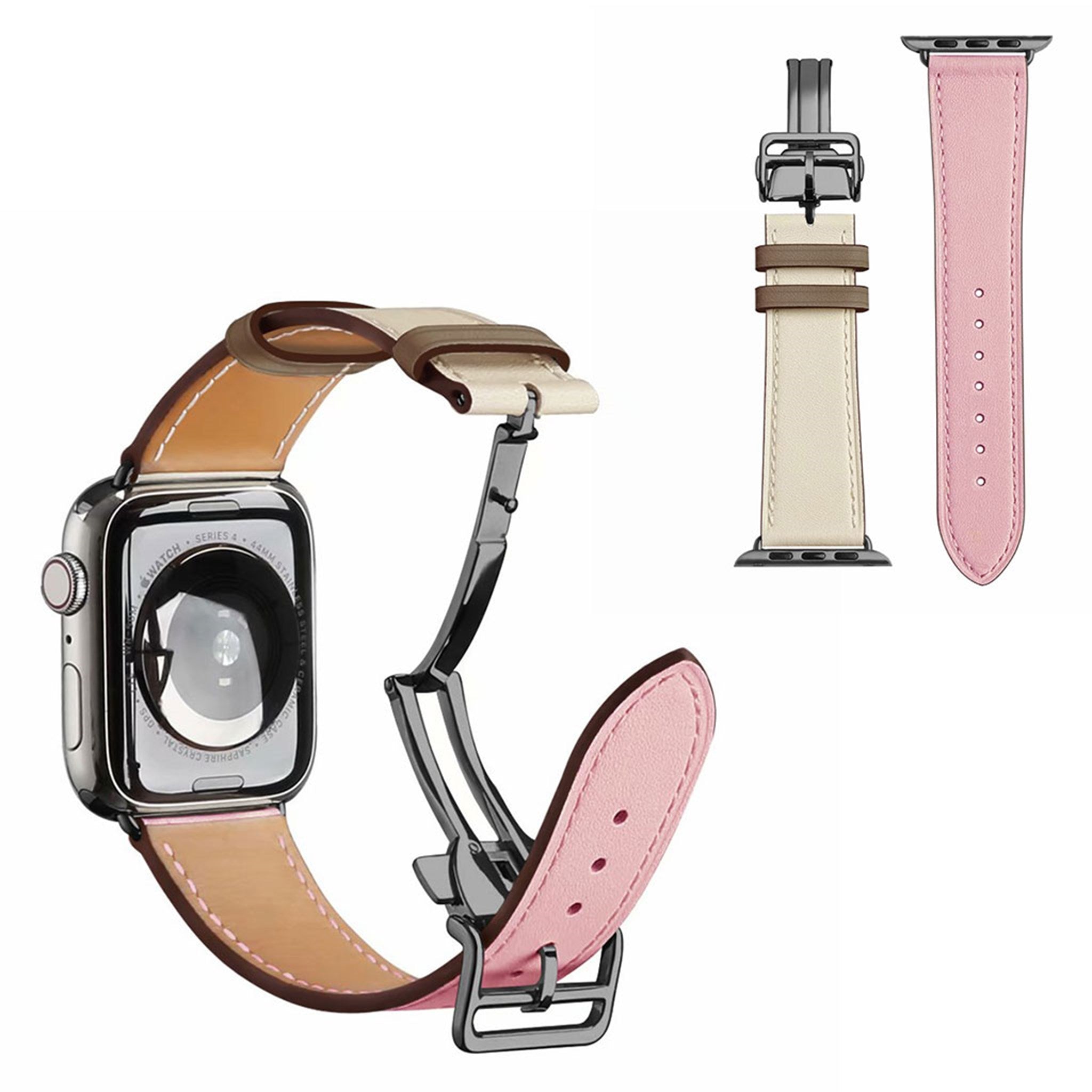 Genuine leather rose gold buckle watch band for Apple Watch Series 6 / 5 44mm - Pink / White