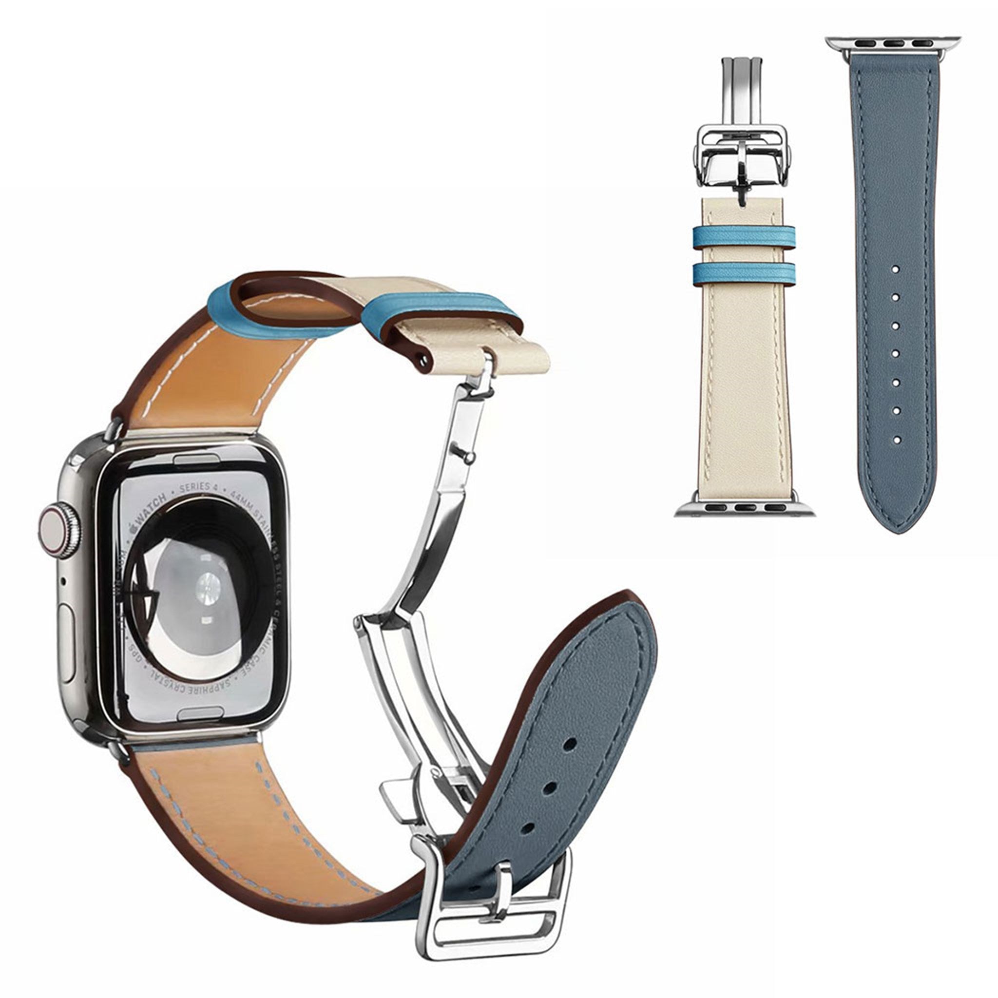 Genuine leather silver buckle watch band for Apple Watch Series 6 / 5 40mm - Lake Blue / White